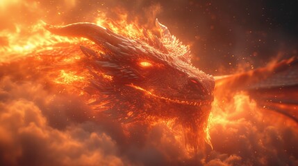   A tight shot of a dragon exhaling fire against a backdrop of clouded skies, colored predominantly in bright yellow and red hues