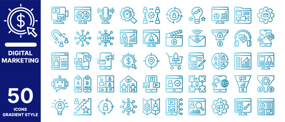 Digital marketing icon set with gradient style. Contains 50 icons vector.