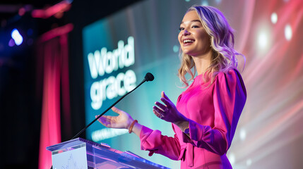 A beautiful woman in her mid-30s with blonde hair is giving an inspiring speech on stage at the world's most popular tech conference