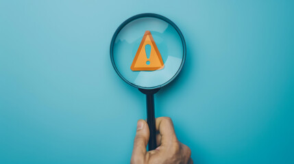 A hand holds a magnifying glass over a warning sign.