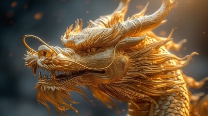   A golden dragon statue with open mouth and widened eyes, situated in front of a hazy backdrop of gold speckles - obrazy, fototapety, plakaty