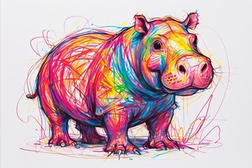 Hippopotamus in chaotic crayon drawing style - obrazy, fototapety, plakaty