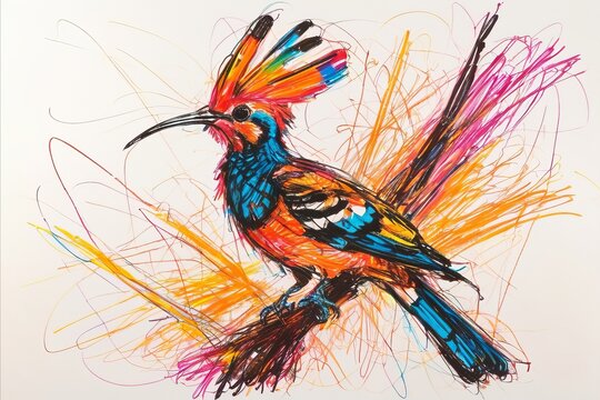 Hoopoe in chaotic wax crayon drawing style