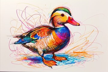 Mandarin duck in chaotic wax crayon drawing style