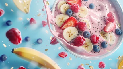 Fresh fruit smoothie bowl scene with elements floating in the air, against a sky blue colored background.