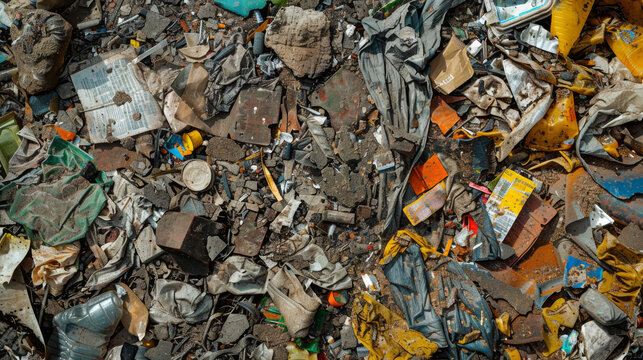 A collection of compressed mixed waste, primarily plastics and assorted garbage, is compacted together.