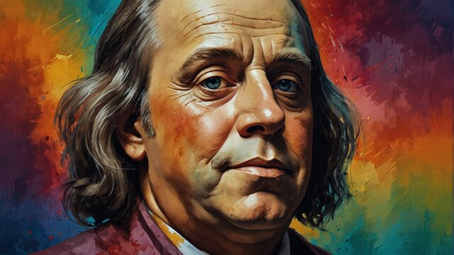 benjamin franklin abstract portrait oil pallet knife paint painting on canvas large brush strokes art watercolor illustration colorful background from Generative AI