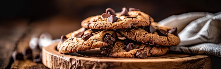 Fototapeta premium A stack of American cookies with chocolate chunks arranged neatly on top of a rustic wooden table