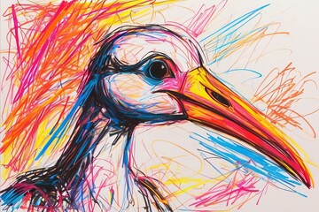 Stork in chaotic wax crayon drawing style - obrazy, fototapety, plakaty