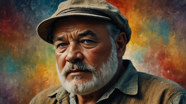 ernest hemingway abstract portrait oil pallet knife paint painting on canvas large brush strokes art watercolor illustration colorful background from Generative AI