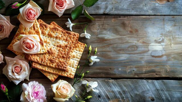 Pesah celebration concept. Passover befin at sundown. an important celebration in the Jewish religion, decorated with matzoh and roses, presented on a wooden background featuring copy space. 4K Video