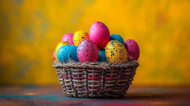  A wooden table holds a basket overflowing with vibrantly painted eggs Nearby, a yellow-red wall adds warmth to the scene