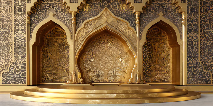 Impressive Interior of a mosque with Gold and White Theme, Ramadan Podium Design Suitable For The Background Of Your Islamicthemed Products

