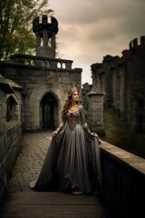 Queen in medieval gown on old castle bridge