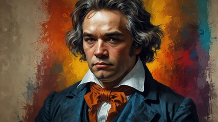 ludwig van beethoven abstract portrait oil pallet knife paint painting on canvas large brush strokes art watercolor illustration colorful background from Generative AI - obrazy, fototapety, plakaty