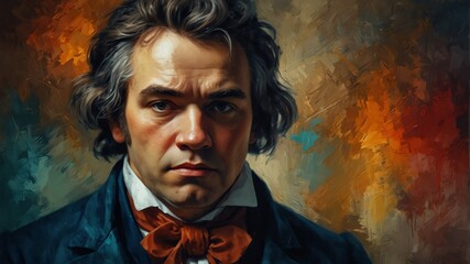 ludwig van beethoven abstract portrait oil pallet knife paint painting on canvas large brush strokes art watercolor illustration colorful background from Generative AI - obrazy, fototapety, plakaty