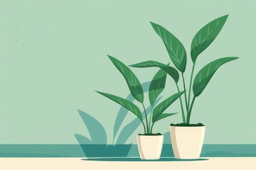 Drawing of two potted plants with long leaves. green and white simple shape