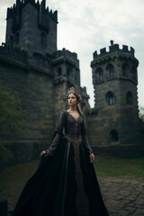 Fototapeta na wymiar Stately queen in dark gown against castle