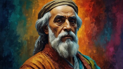 omar khayyam abstract portrait oil pallet knife paint painting on canvas large brush strokes art watercolor illustration colorful background from Generative AI - obrazy, fototapety, plakaty