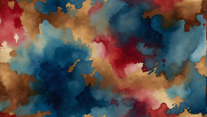 Traditional Oriental Abstract Watercolor Background in Sapphire, Crimson, and Bronze.