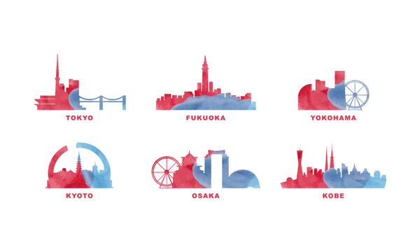 Japan cities skyline vector logo set. Flat watercolor icon for Tokyo, Kyoto, Yokohama, Osaka, Kobe, Fukuoka silhouette. Isolated graphic collection