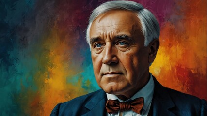 thomas edison abstract portrait oil pallet knife paint painting on canvas large brush strokes art watercolor illustration colorful background from Generative AI