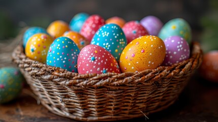 Fototapeta na wymiar A table holds a basket of colorfully painted eggs, alongside eggs adorned with sprinkles