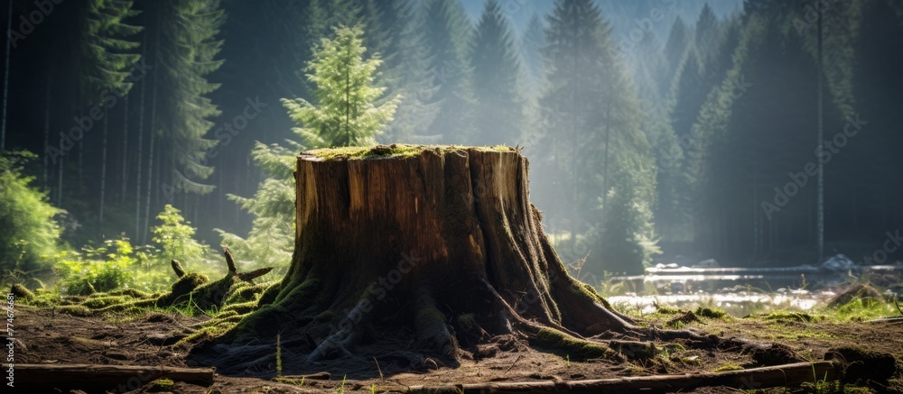 Poster close-up view of a weathered tree stump in a lush forest with a tranquil river flowing in the backgr