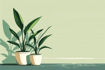 Drawing of two potted plants with long leaves. green and white simple shape