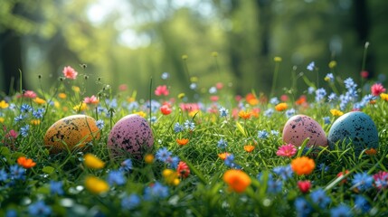   A vibrant flower bed abuts a green grassy expanse, where a solitary egg rests - obrazy, fototapety, plakaty