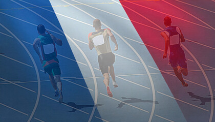 The collage could show a variety of images related to the 2024 Paris Olympics, such as athletes competing in different sports, the Olympic rings, the Eiffel Tower, and the French flag.
