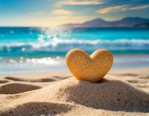 Herz aus Sand am Strand mit Meer im Hintergrund - Sonnig, türkis und Blau macht lust auf urlaub - obrazy, fototapety, plakaty