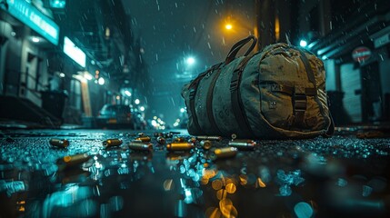 Duffel Bag on street at night