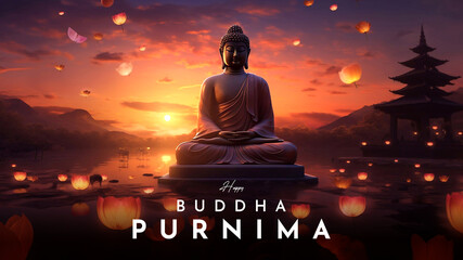 Happy Vesak Day Poster Design with Buddha Purnima Statue Vesak Day is a holy day for Buddhists - obrazy, fototapety, plakaty