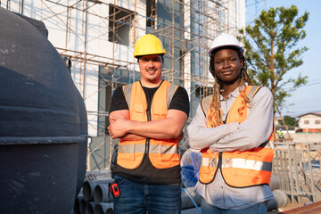 Worker engineer African woman with caucasian worker cross arm and water tank background at construction site	