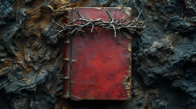   A red book crowned with thorns atop a rock, encrusted with lichen