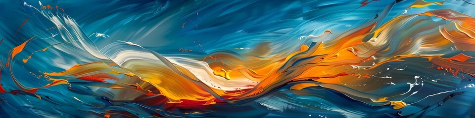 Abstract waves of azure and fiery orange collide, creating a dynamic display of color and movement. - obrazy, fototapety, plakaty