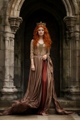 Fototapeta na wymiar Redhead queen in medieval archway with gown