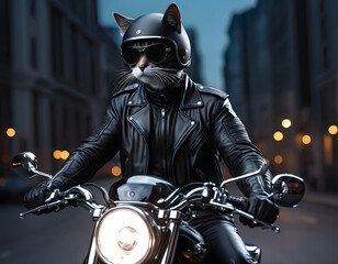 A brutal cat in sunglasses and a leather jacket rides a motorcycle on a black background....