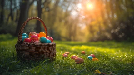 Foto op Aluminium   A basket overflowing with colorful eggs sits atop a verdant green field, adjacent to a cluster of small trees © Mikus