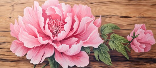 Fototapeta premium Pink flower artwork displayed on a textured wooden background with surrounding green foliage