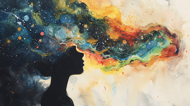 Abstract illustration of a universe emerging from a females mind