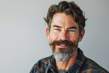 Portrait of a handsome man with long gray beard and mustache.
