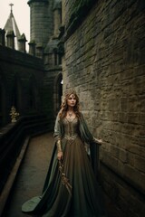 Queen with staff in gothic castle grounds