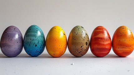   A row of painted eggs arranged on a white table against a plain white wall with faint speckles