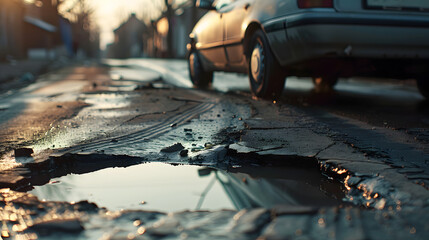 A car going over a pothole on the road - obrazy, fototapety, plakaty