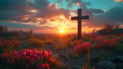   A cross in the middle of a field Flowers bloom in the foreground Sun sets in the background - obrazy, fototapety, plakaty