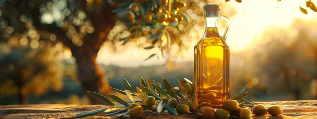 Poster A bottle of olive oil and scattered olives sit on an old wooden table against a backdrop of a sunlit olive grove at sunset. © VLA Studio