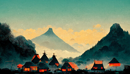 Naklejka premium sunset over the mountains - Ancient Japanese Village