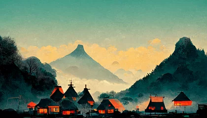 Gordijnen sunset over the mountains - Ancient Japanese Village © Max